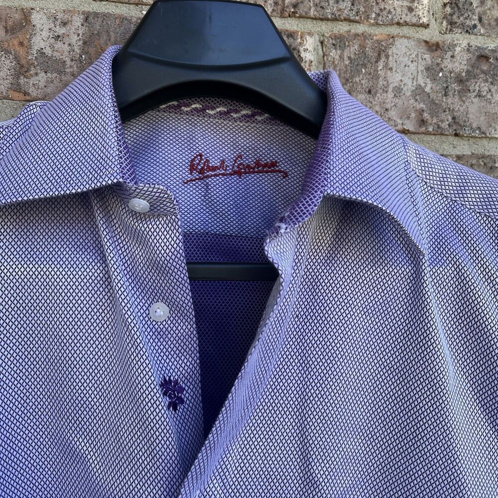 Robert Graham Purple Geometric Dress Shirt Mens Button Up L-16.5 Full Sleeves